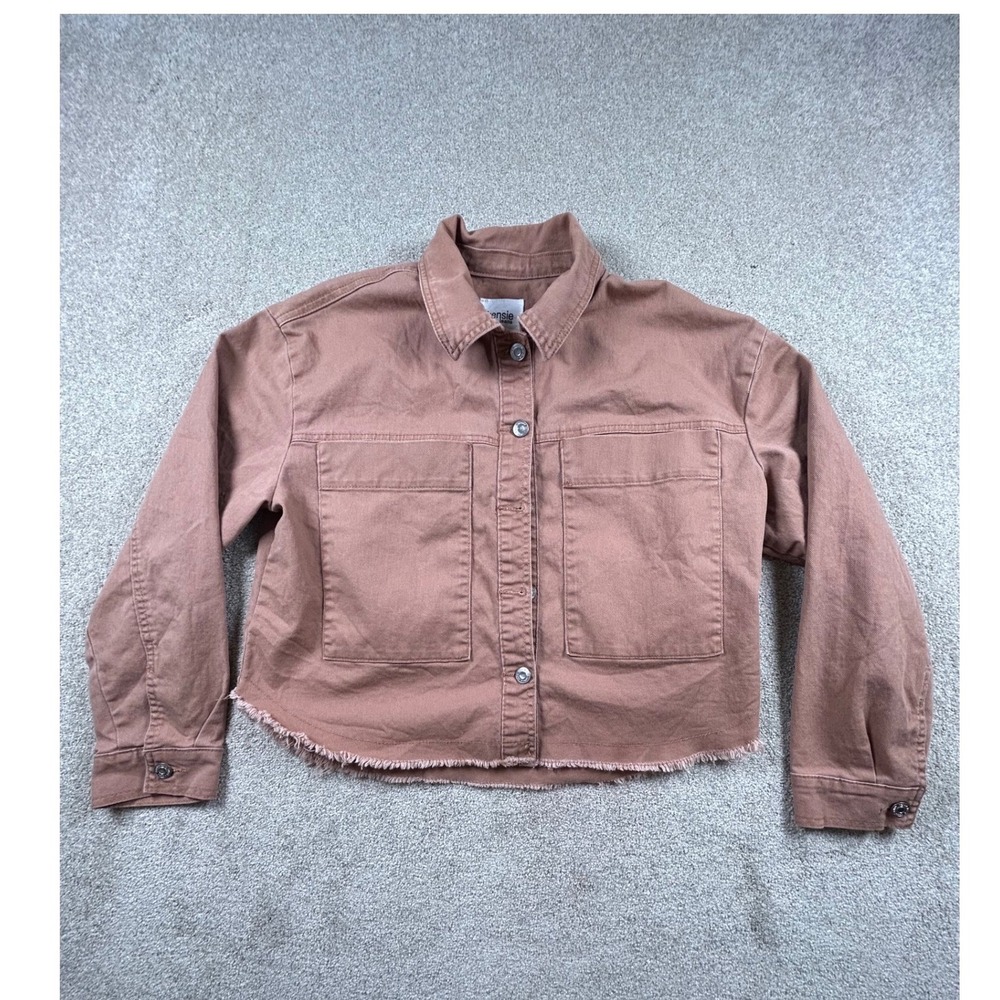 Aerie Womens Cropped Denim Utility Jacket Pink Clay Frayed Hem Size M 1005